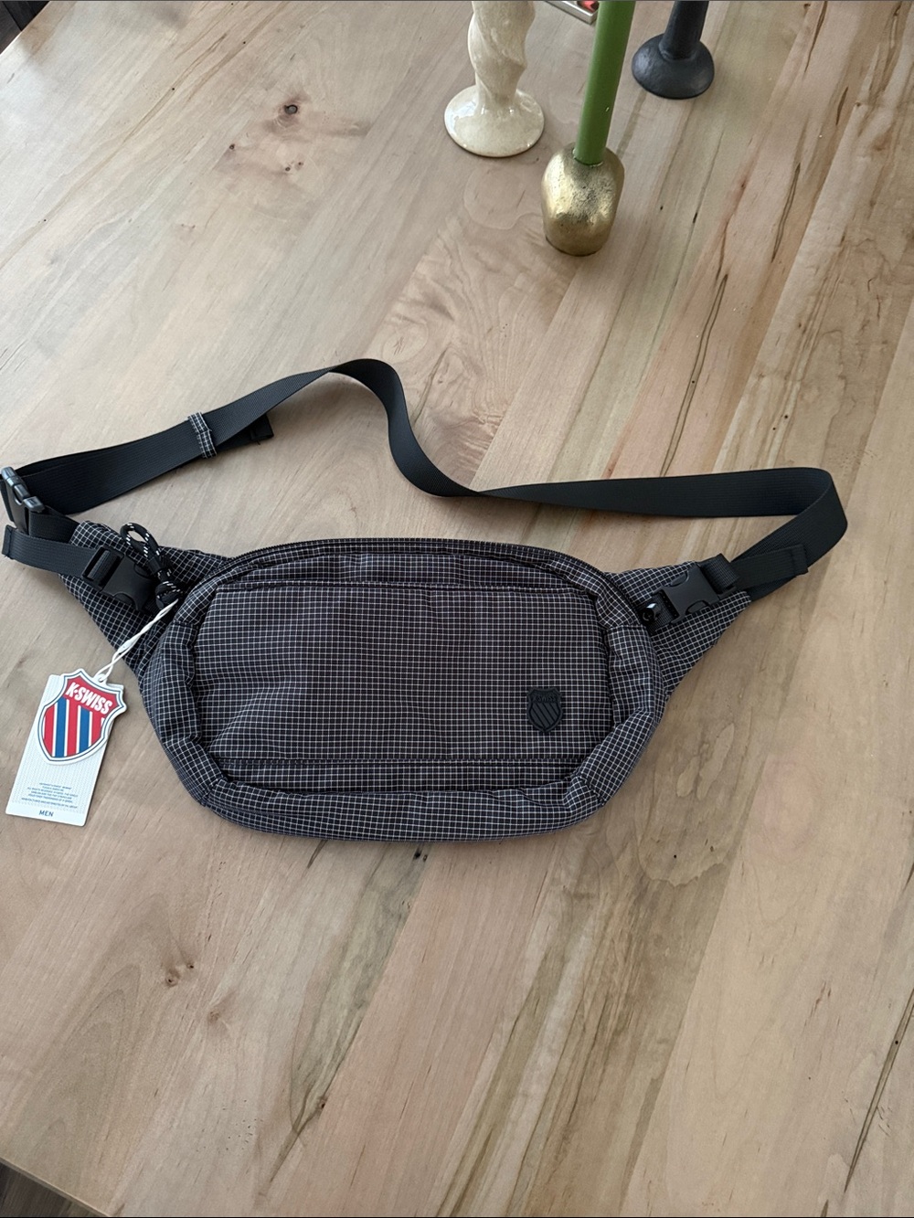 K-Swiss Men's Black and Gray Check Belt Bag